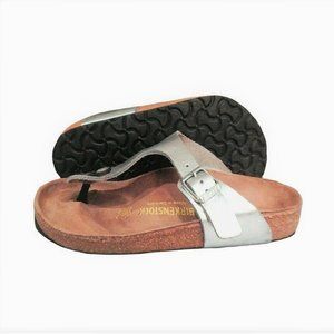 Birkenstock Leather Gizeh Birko Flor Cork Silver Metallic Adjustable Buckle 37